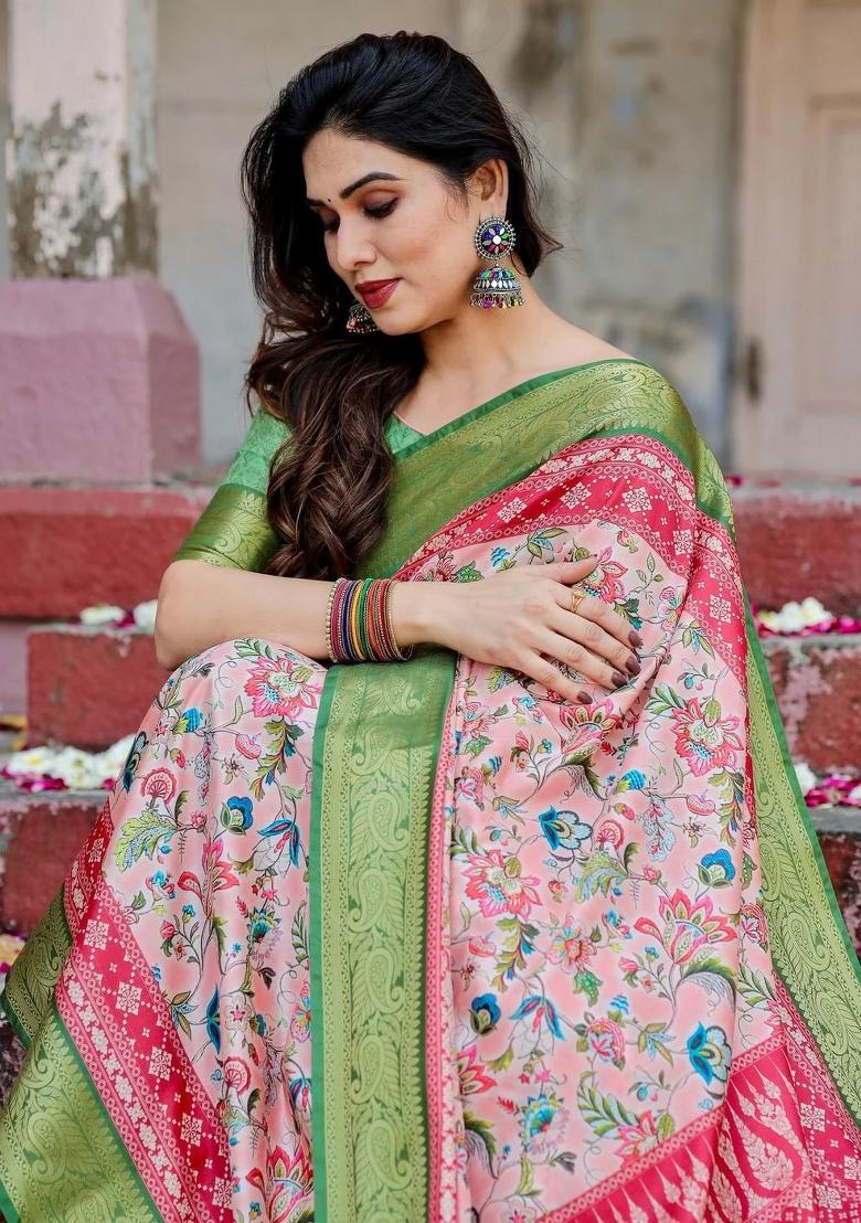 Pink Floral Tussar Saree Set
