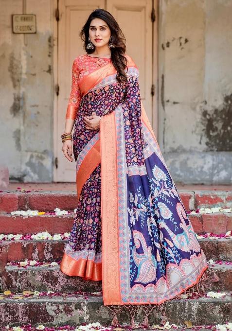 Blue Floral Tussar Saree Set