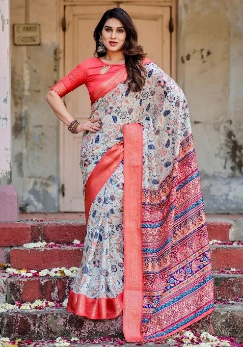 Ivory Floral Tussar Saree Set