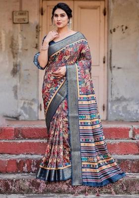 Multicolor Floral Tussar Saree Set