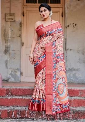 Beige Floral Tussar Saree Set