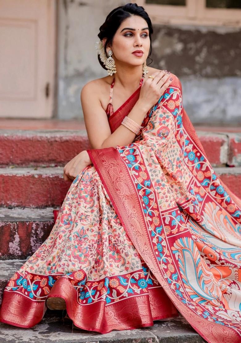 Beige Floral Tussar Saree Set