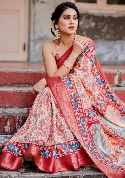 Beige Floral Tussar Saree Set