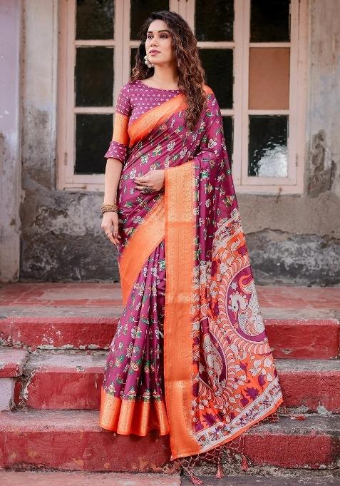 Purple Floral Tussar Saree Set