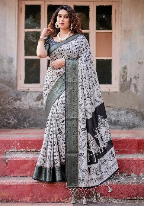 White Floral Tussar Saree Set