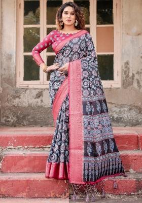 Black Floral Tussar Saree Set