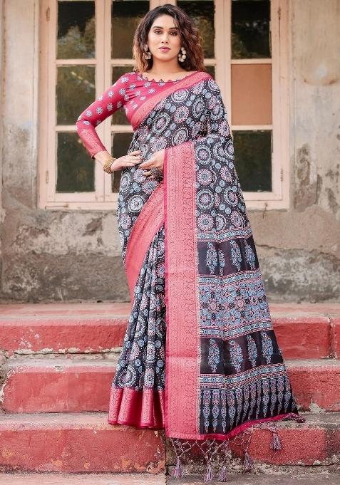 Black Floral Tussar Saree Set