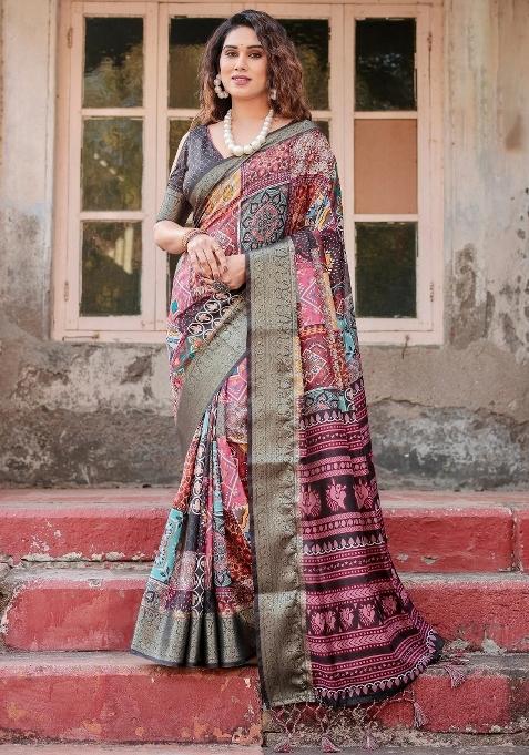 Multicolor Floral Tussar Saree Set
