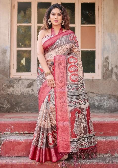 Beige Floral Tussar Saree Set