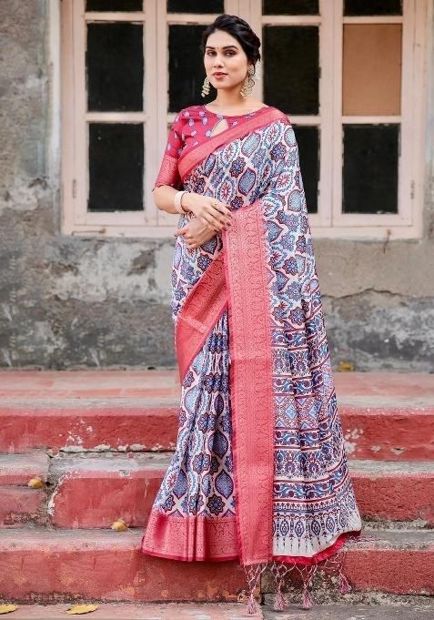 White Floral Tussar Saree Set