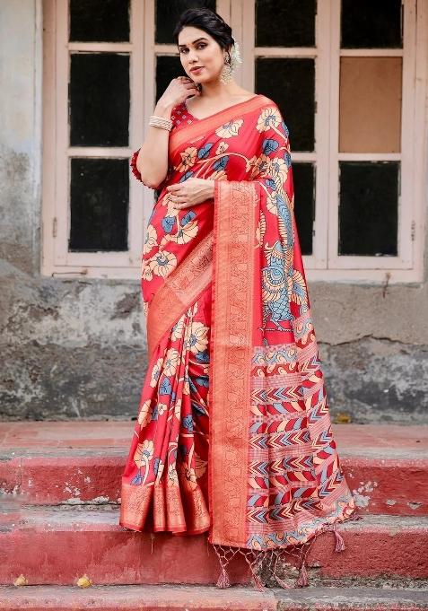 Red Floral Tussar Saree Set