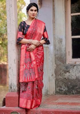 Red Floral Tussar Saree Set