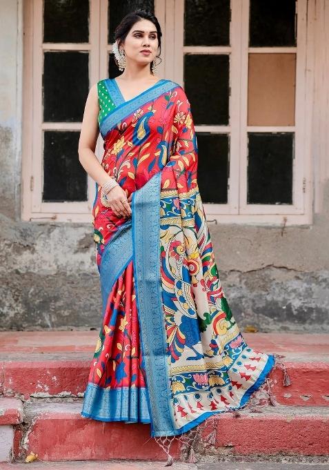Multicolor Floral Tussar Saree Set