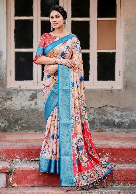 Beige Floral Tussar Saree Set