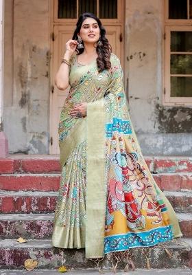 Green Floral Tussar Saree Set