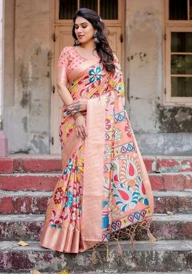 Peach Floral Tussar Saree Set