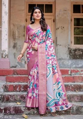 Pink Floral Tussar Saree Set