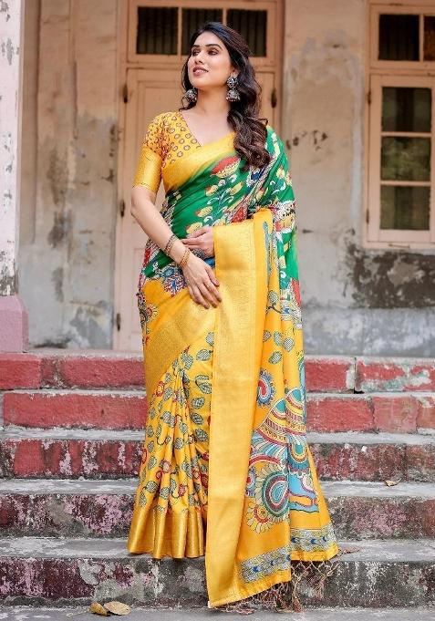 Yellow Floral Tussar Saree Set