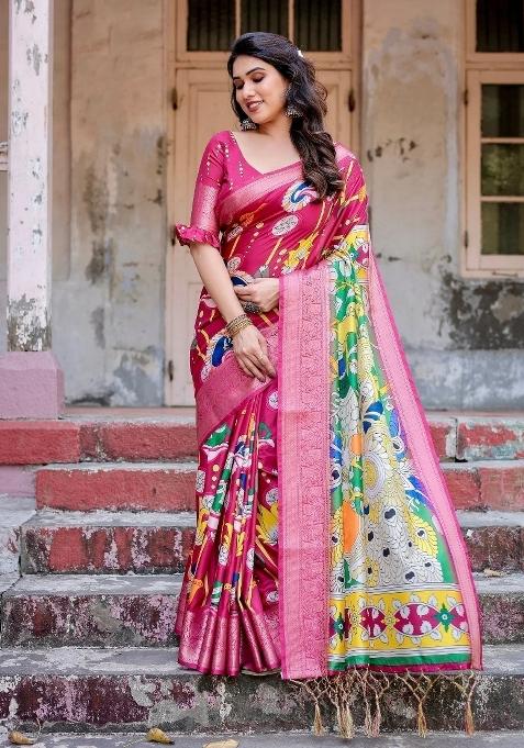 Magenta Floral Tussar Saree Set