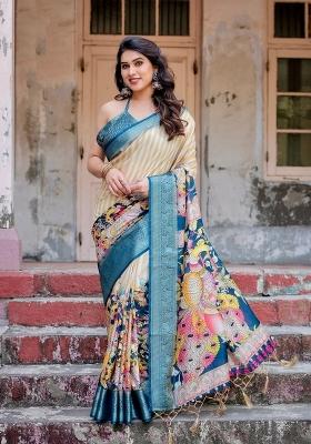 Teal Floral Tussar Saree Set