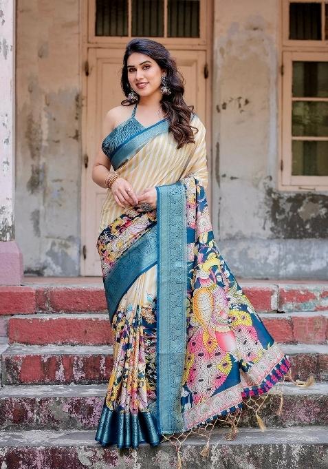 Teal Floral Tussar Saree Set