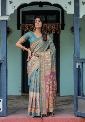Turquoise Printed Cotton Saree Set