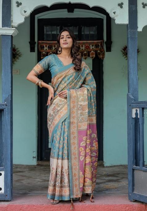 Turquoise Printed Cotton Saree Set