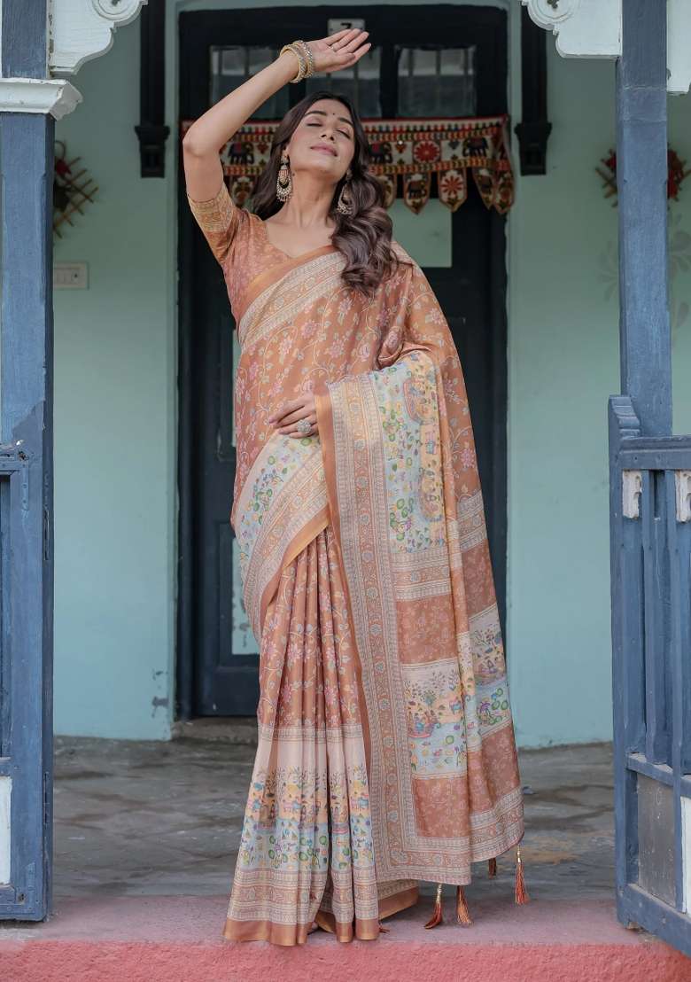 Peach Printed Cotton Saree Set - Indya