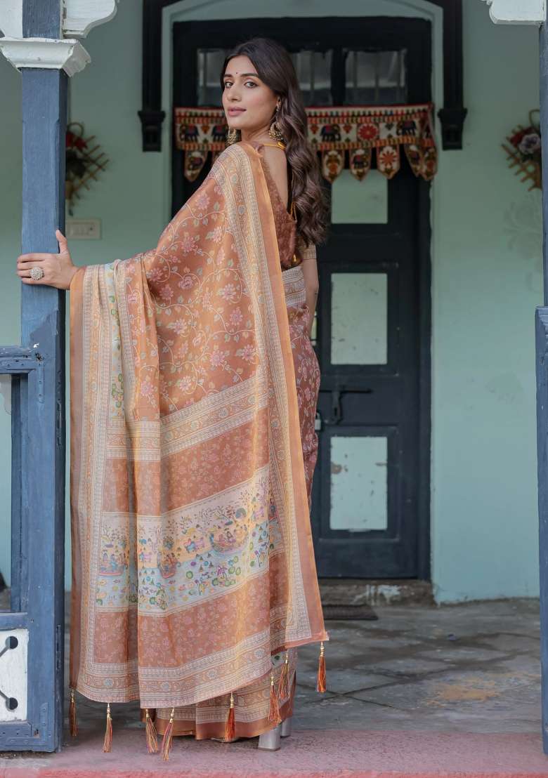 Peach Printed Cotton Saree Set - Indya