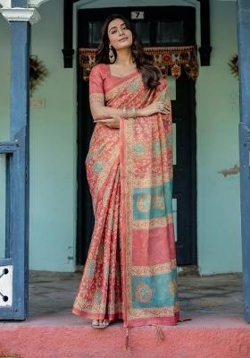 Red Printed Cotton Saree Set