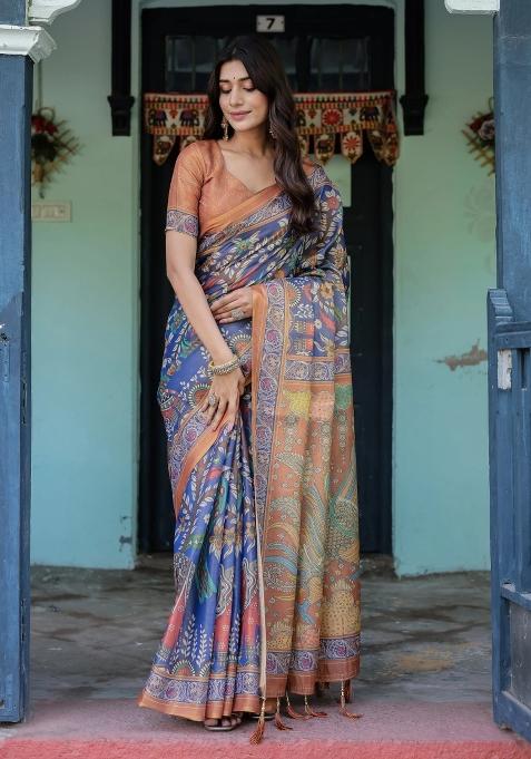 Blue Printed Cotton Saree Set