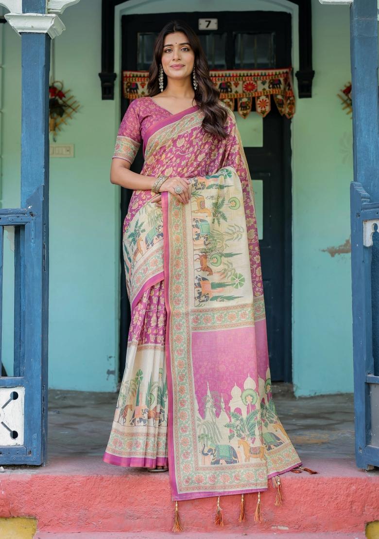Magenta Printed Cotton Saree Set - Indya