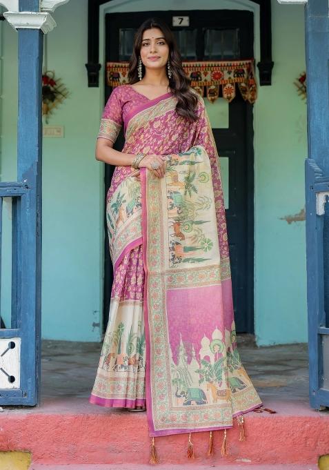 Magenta Printed Cotton Saree Set