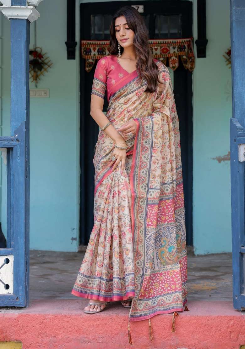 Ivory Printed Cotton Saree Set - Indya