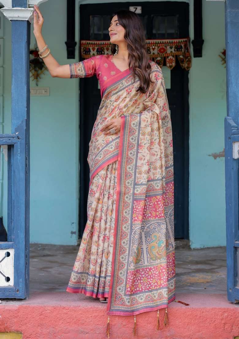 Ivory Printed Cotton Saree Set - Indya