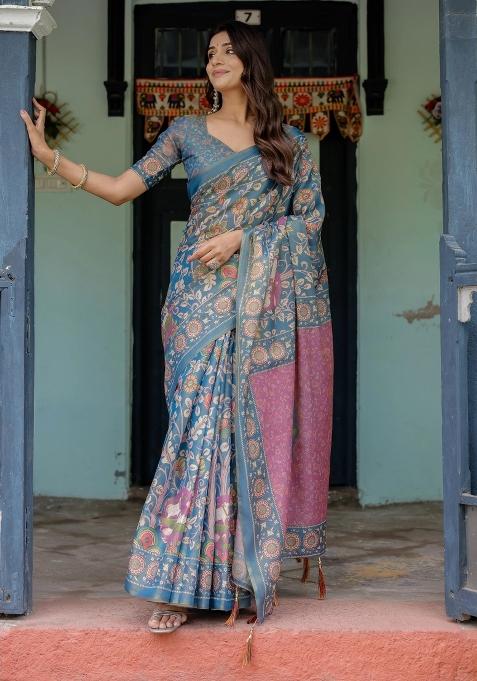 Blue Printed Cotton Saree Set