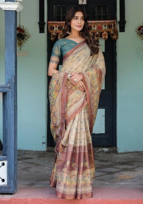 Beige Printed Cotton Saree Set