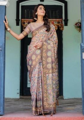 Mauve Printed Cotton Saree Set