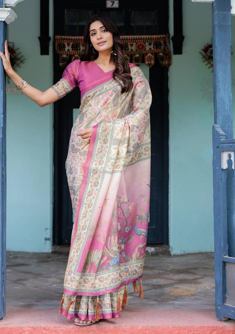 Lavender Printed Cotton Saree Set