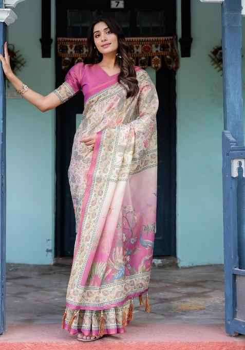 Lavender Printed Cotton Saree Set