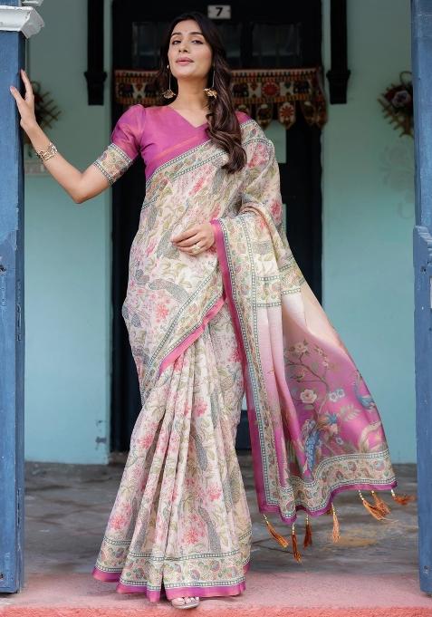Lavender Printed Cotton Saree Set