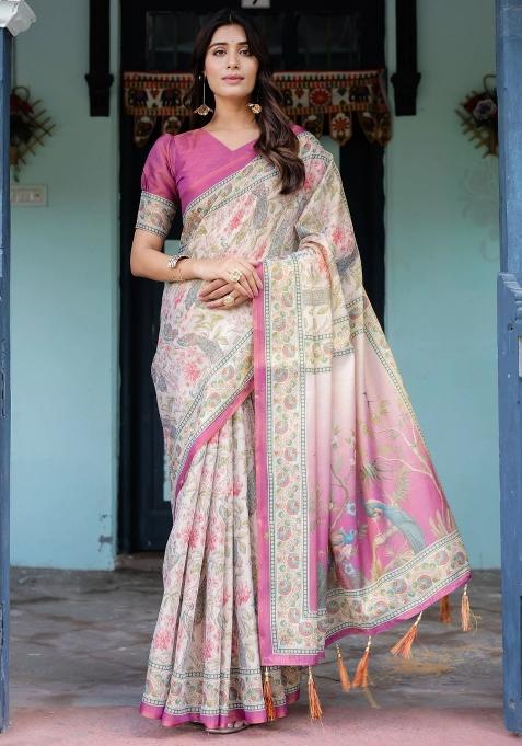 Lavender Printed Cotton Saree Set