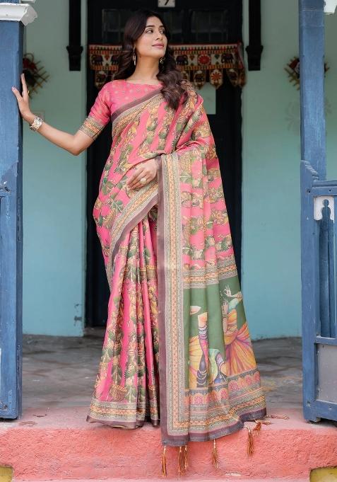 Coral Printed Cotton Saree Set
