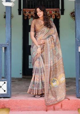 Coffee Printed Cotton Saree Set