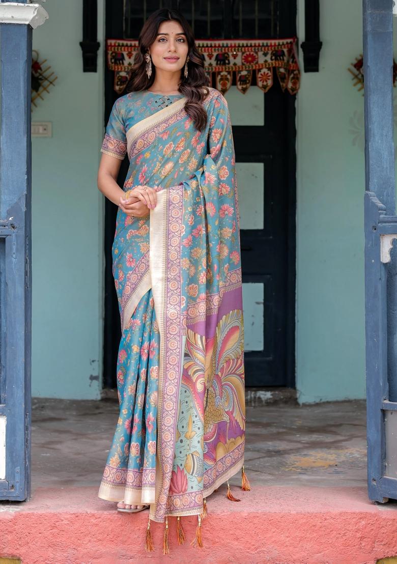 Aqua Printed Cotton Saree Set