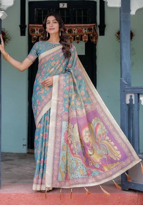Aqua Printed Cotton Saree Set