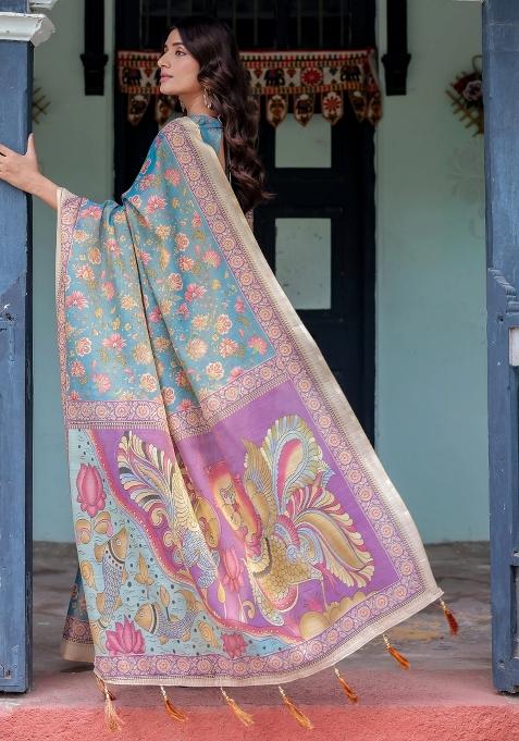 Aqua Printed Cotton Saree Set