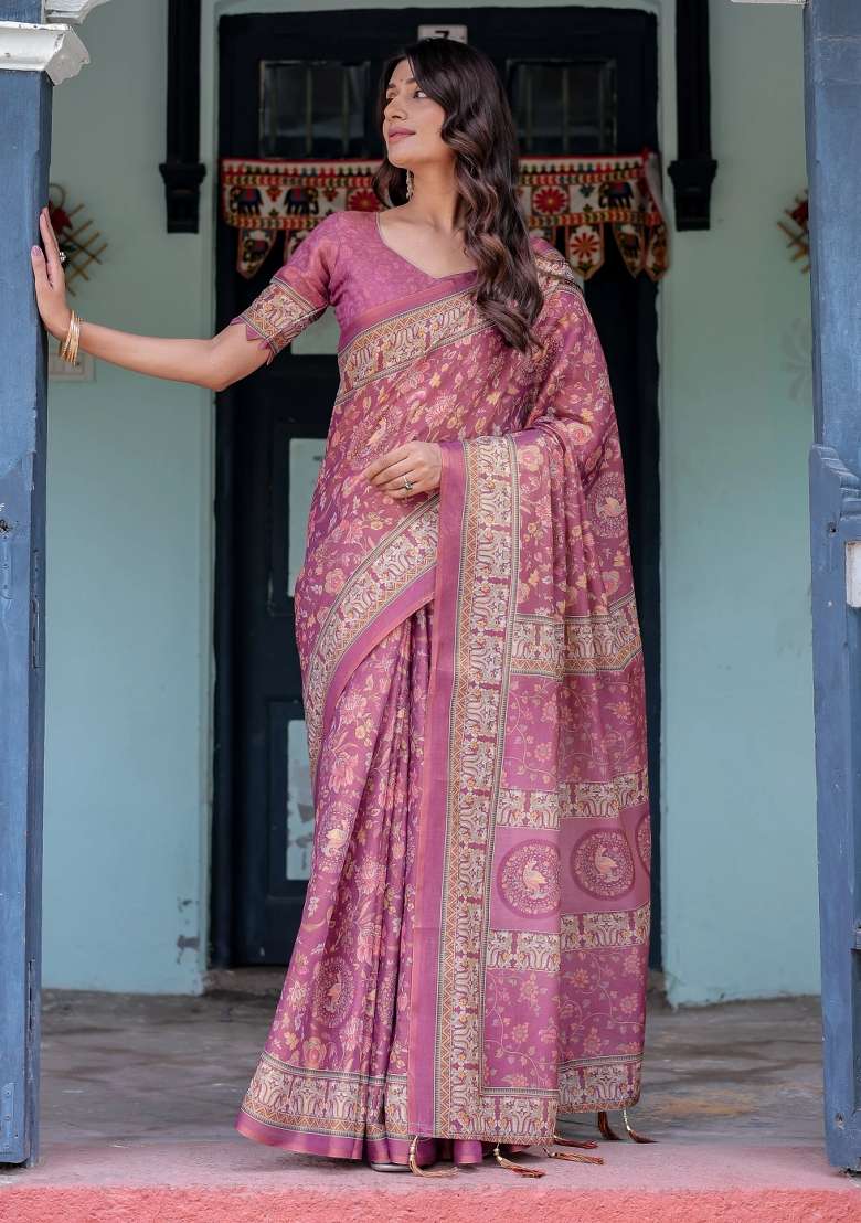 Plum Printed Cotton Saree Set - Indya