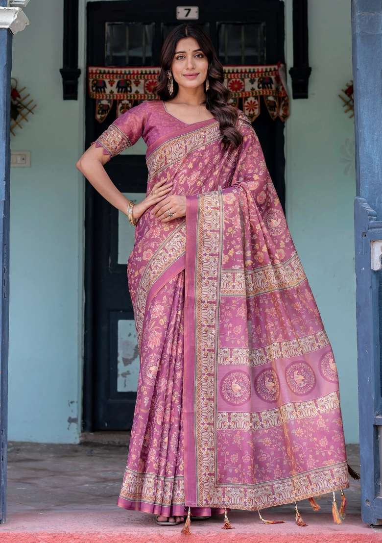 Plum Printed Cotton Saree Set - Indya