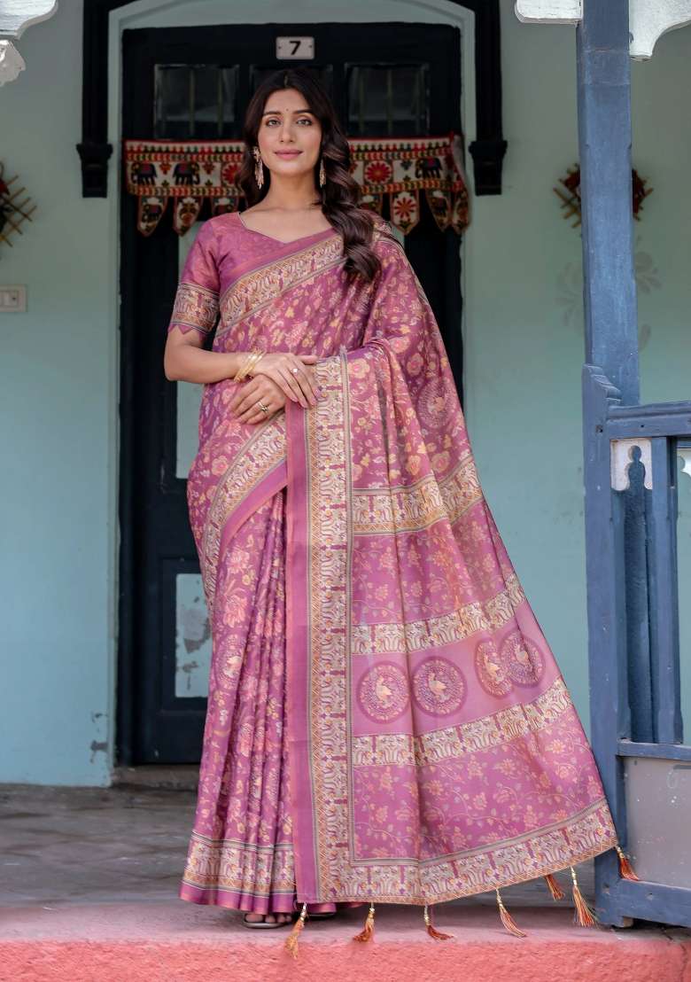 Plum Printed Cotton Saree Set - Indya